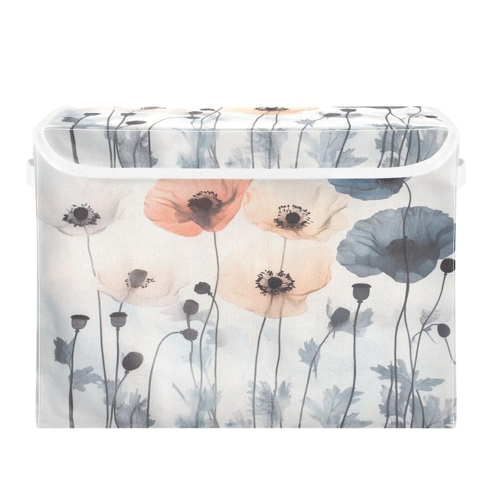 Kigai Poppy Flowers Boxes with Lid and Handles Large Collapsible Fabric Storage Basket Shelf Closet Organizer Bin for Home Office Nursery Room