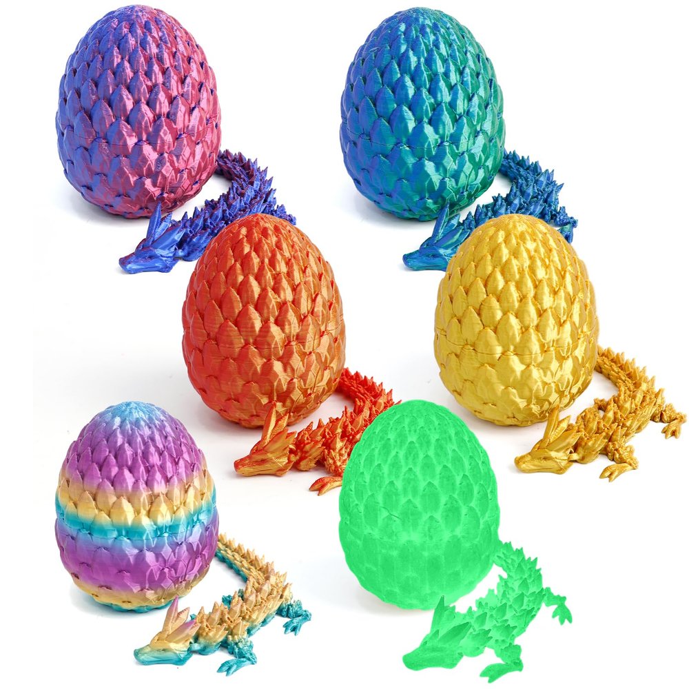 Flavery 6 Pack 3D Printed Dragon in Egg - Mini Gemstone Egg with Flexible Crystal Dragon Inside, Cute Fidget Toy, Birthday Gift, Desk Pet Figure, Christmas, Easter Basket Essentials
