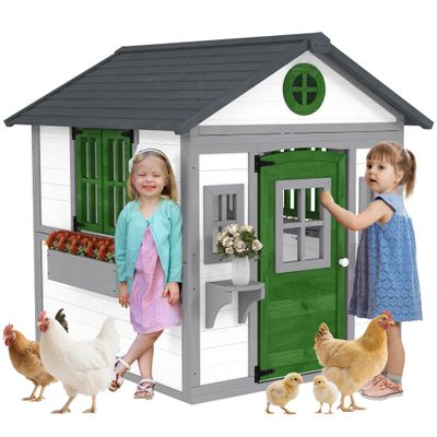 Outsunny Outdoor Kids Playhouse, Wooden Playhouse with Doors, Windows, Planter Pots and Boxes for Toddlers 3-8 Years, Cottage Play House for Backyard, DIY Chicken Coop, White