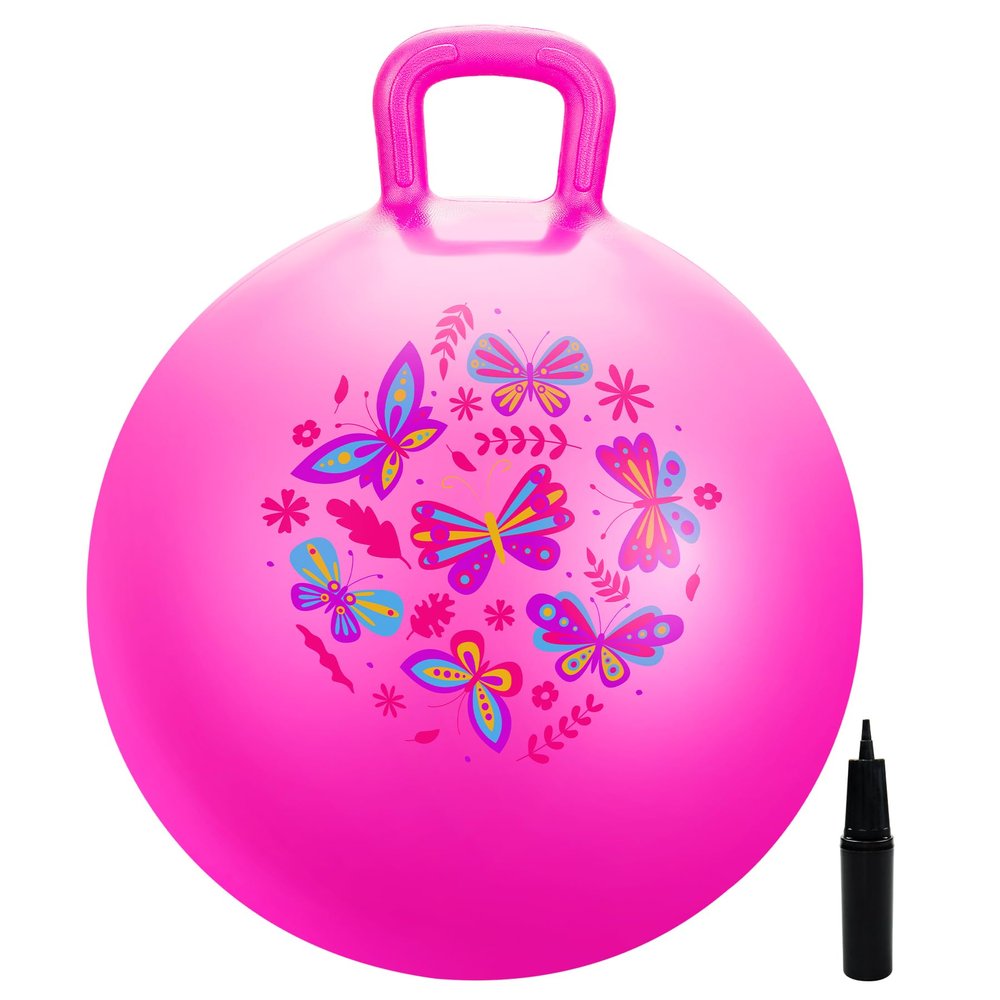 EVERICH TOY Hopper Ball, Pink Butterfly Hopping Toys for Kids, 18 Inch Bouncy Ball with Handle, Indoor Outdoor Inflatable Hoppity Hop Toy for Girls Boys Gift with Free Pump