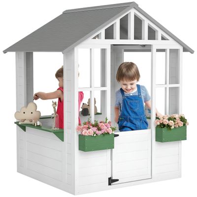 Outsunny Outdoor Playhouse Wooden Kids Playhouse with Working Door, Windows, Kids Cottage with Flowers Pot Holder for Backyard, Garden, Indoor Playroom Imaginative Play, White