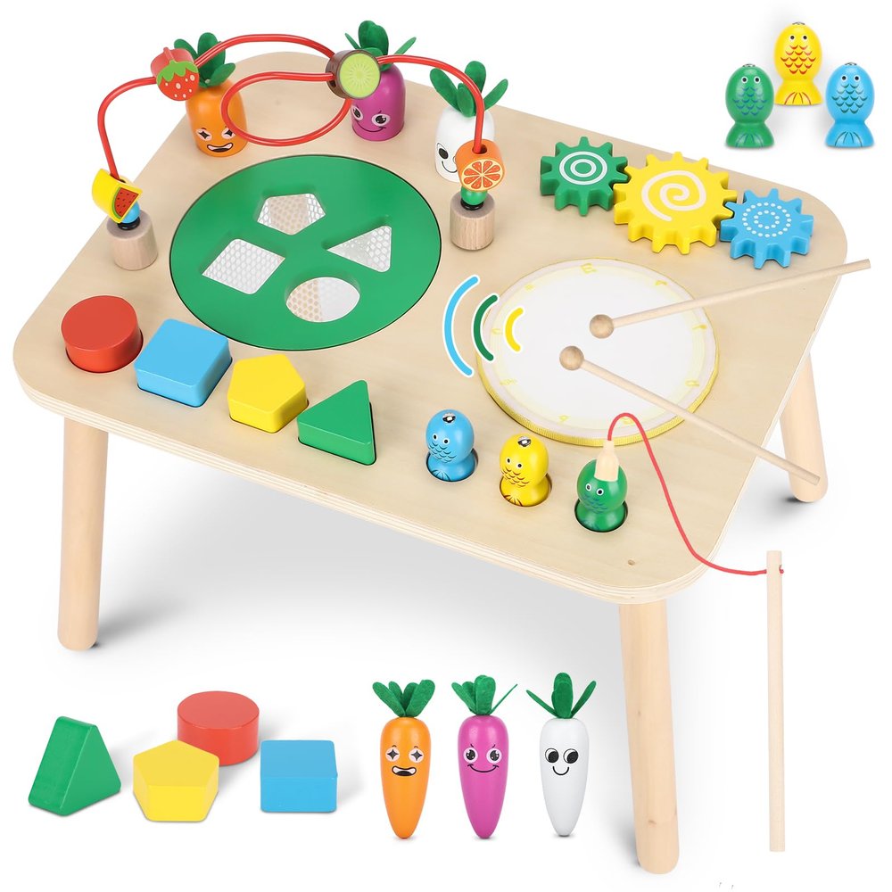 Activity Table for 1+ Year Old, 7 in 1 Wooden Montessori Activity Center Play Table with Drum, Bead Maze Shape Sorter Fishing Game, Kids Sensory Educational Toddler Learning Toys 1st Birthday Gifts