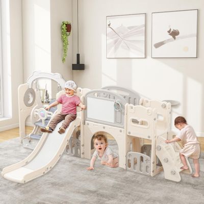 12 in 1 Toddler Slide Set for Kids Outdoor Toddlers Playset with Basketball Hoop, Ring Toss, Indside/Outside Playground Climber Toy for Children (White Grey)