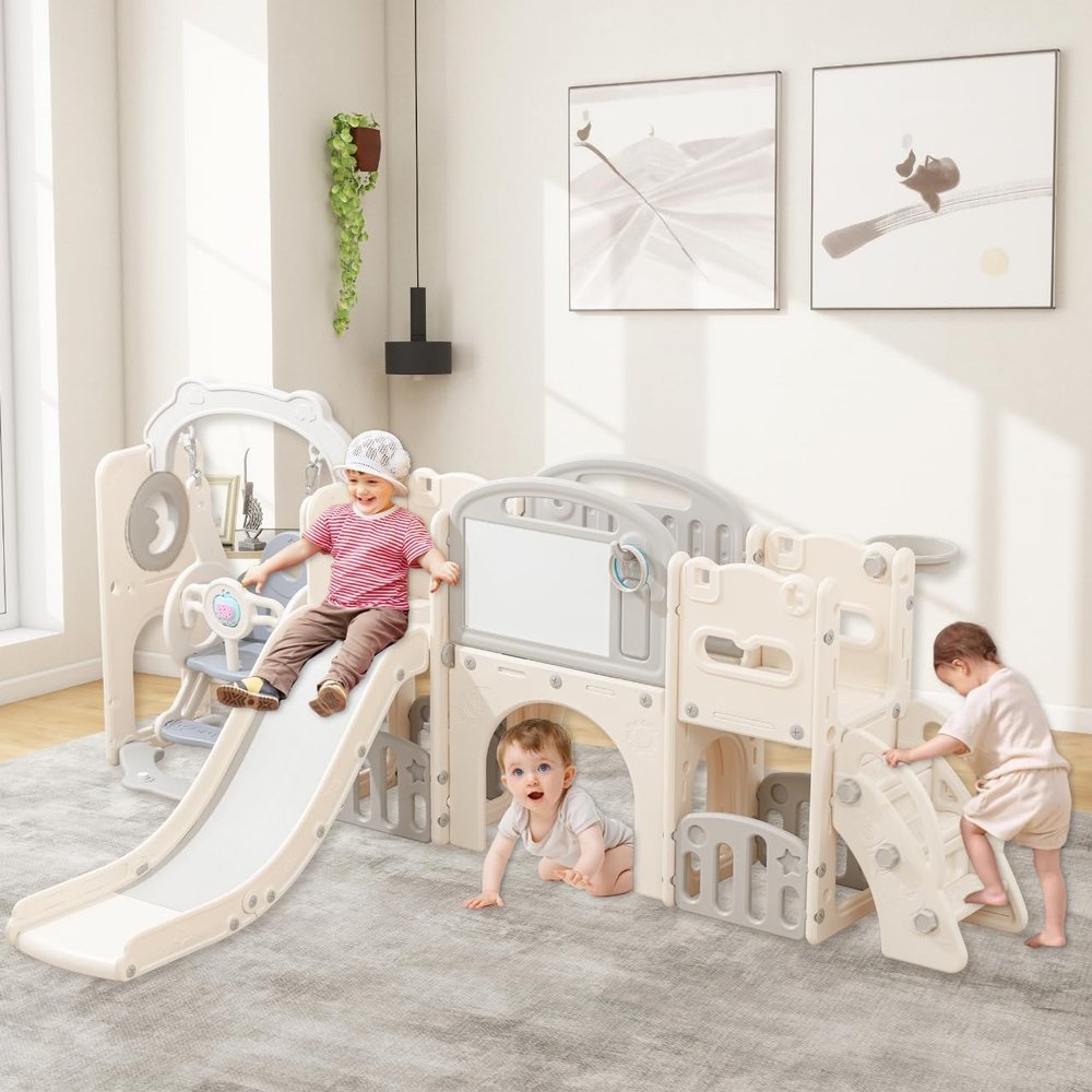 12 in 1 Toddler Slide Set for Kids Outdoor Toddlers Playset with Basketball Hoop, Ring Toss, Indside/Outside Playground Climber Toy for Children (White Grey)