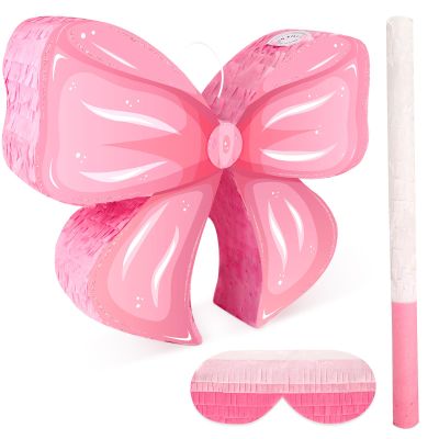 Adecortalk Pink Bow Pinata Birthday Decorations for Kids Pink Bow Pinata with Bat Stick Blindfold for Girls Princess Theme Birthday Bridal Baby Shower Party Supplies (15.75x12.60x3.15 Inches)