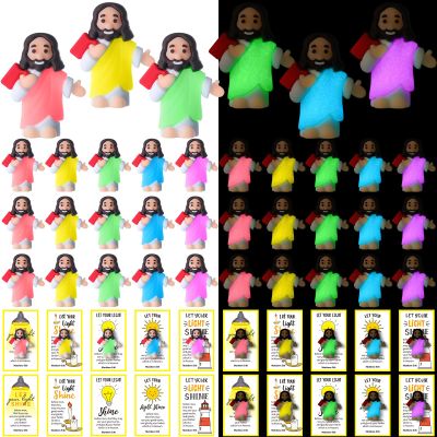 CroBlissful 30 Sets Mini Jesus Figurines Bulk Glow in The Dark with Let Your Light Shine Cards Jesus Figures Toys for Christian Sunday School Religious Gifts Easter Egg Stuffers(Holding A Book)