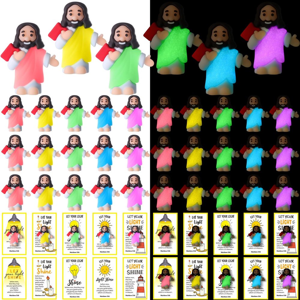 CroBlissful 30 Sets Mini Jesus Figurines Bulk Glow in The Dark with Let Your Light Shine Cards Jesus Figures Toys for Christian Sunday School Religious Gifts Easter Egg Stuffers(Holding A Book)