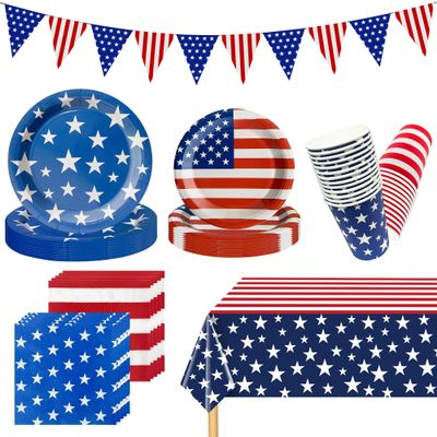127Pcs 4th of July Plates and Napkins Sets, 4th of July Decorations American Flag Patriotic Party Supplies Disposable Paper Plates for Memorial Day Veterans Day Independence Day Party Decorations