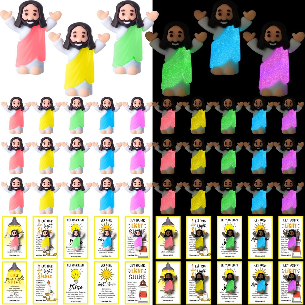 CroBlissful 30 Sets Mini Jesus Figurines Bulk Glow in The Dark with Let Your Light Shine Cards Jesus Figures Toys for Christian Sunday School Religious Gifts Easter Egg Stuffers(Raise Your Hands)