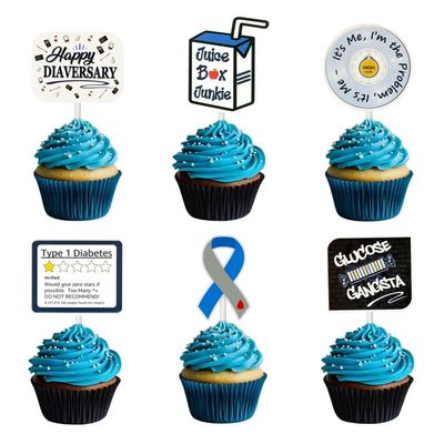 12pk Happy Diaversary CupCake Topper Kit - Expressive T1D Humor, Funny Messaging - Diaversary Celebration