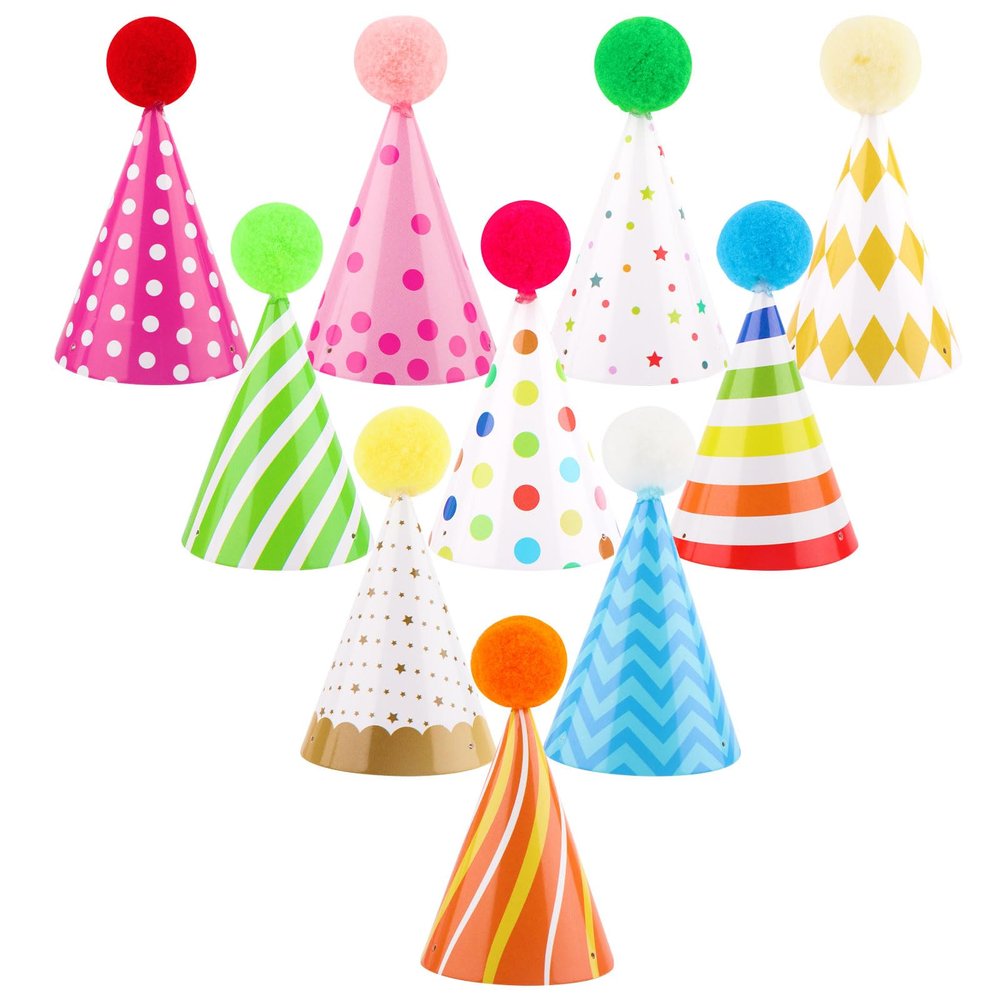 Adecortalk 10 Pcs Mini Birthday Hats for Stuffed Animals Cone Tiny Party Hats with Pom Poms for Stuffed Animals Pets Cat Dog Birthday Holiday Accessories Decoration Supplies