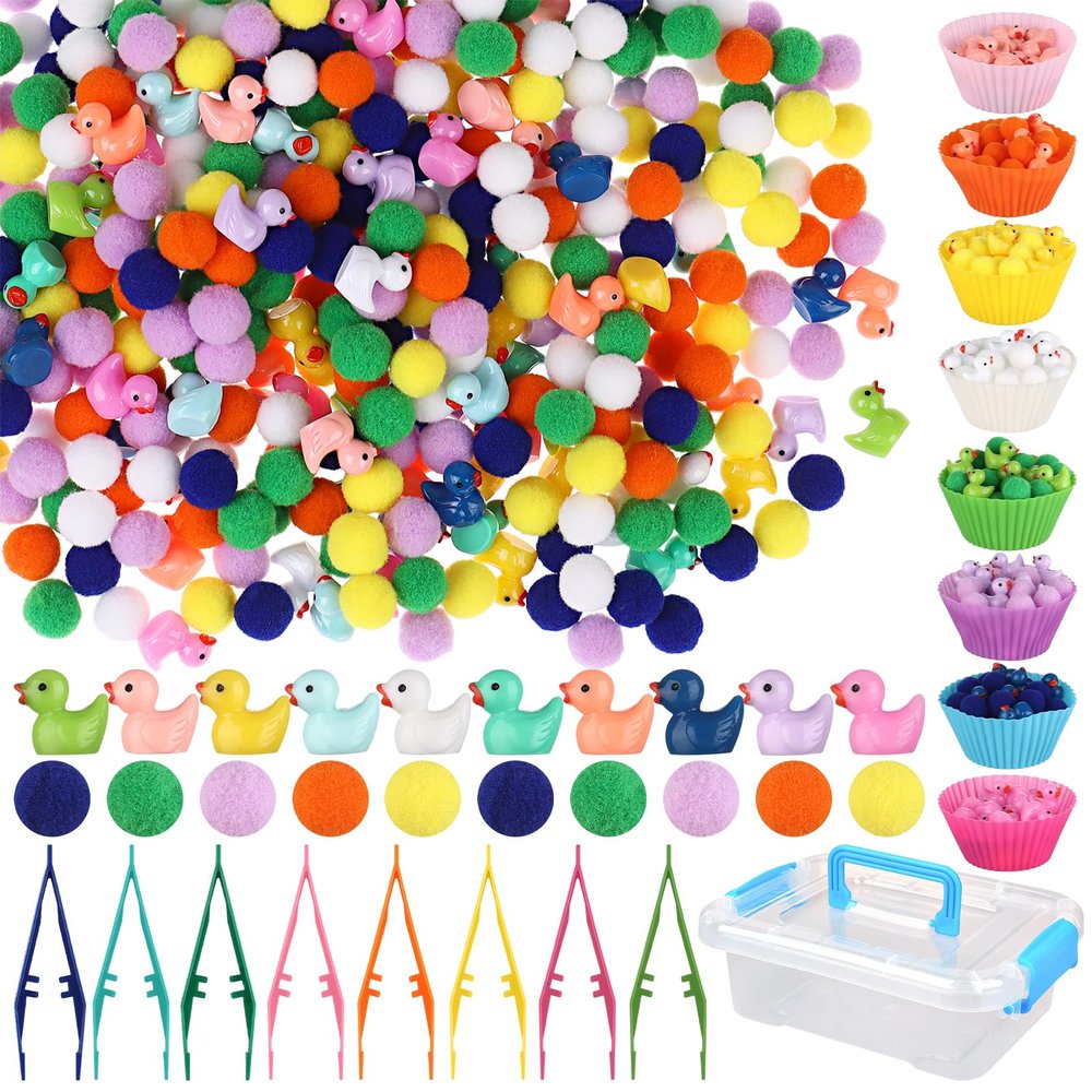 217 Pcs Duck Sensory Bin Filler Fine Motor Toys Counting Sorting 100 Felt Pompoms 100 Mini Duck Figures 8 Tweezers 8 Silicone Plates 1 Storage Box, for Counting Sorting DIY Crafts (Duck)