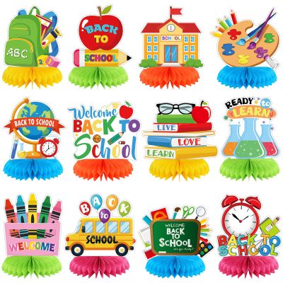 12 Pcs Welcome Back to School Decorations Honeycomb Centerpieces First Day of School Table Decoration Book Pencils Backpack Bus Table Topper for Party Favors Supplies