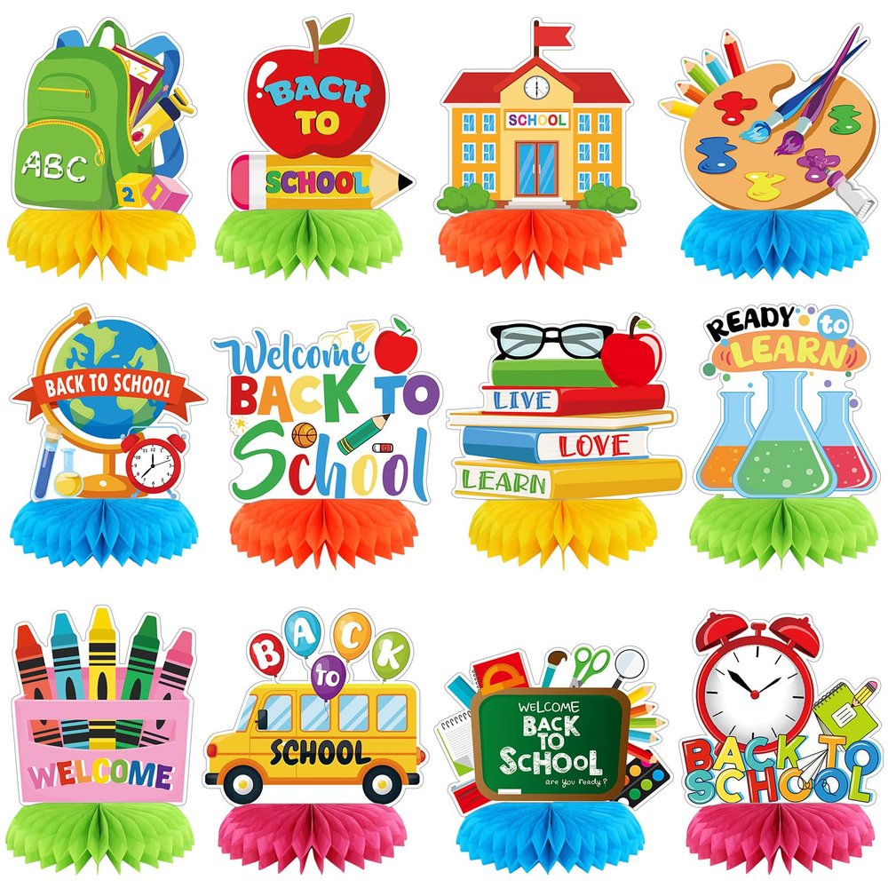 12 Pcs Welcome Back to School Decorations Honeycomb Centerpieces First Day of School Table Decoration Book Pencils Backpack Bus Table Topper for Party Favors Supplies