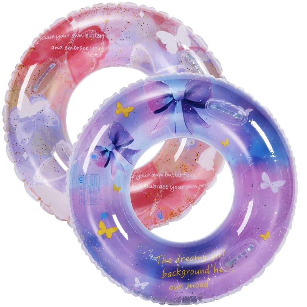 35inch Inflatable Pool Floats for Adults with Handles- 2 Pack Bow and Butterfly Floaties Pool Tubes Swim Rings with Gold Sequins Inflatable Pool Float for Swimming Pool Party Lake Beach Adults