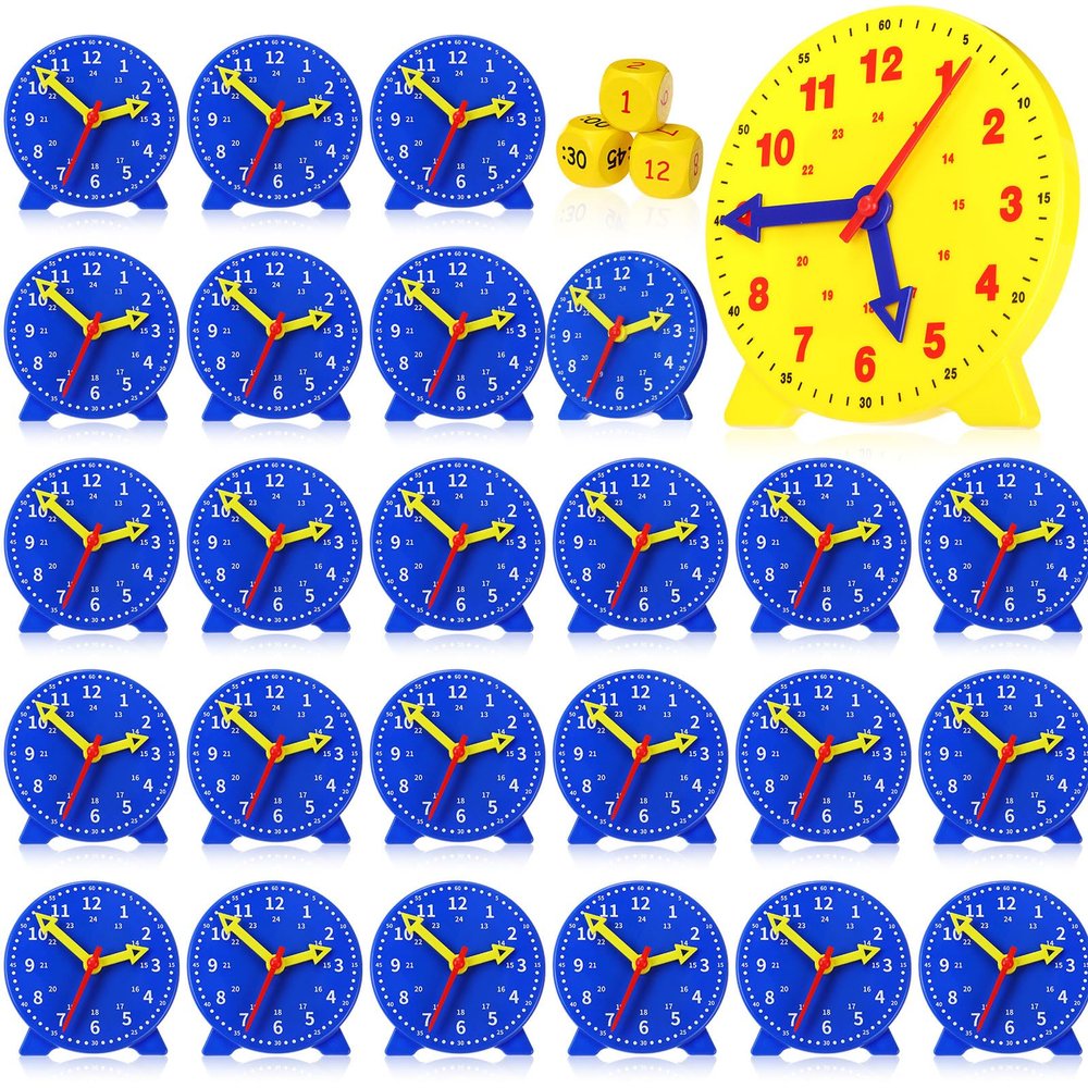 Batiyeer 25 Pcs Teaching Clock Kit Learn to Tell Time Teaching Mini Geared Clock with 3 Time Dice Classroom Educational Kit for Student Basic Math Development Teacher and Classroom Supplies