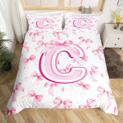 jejeloiu Kids Girls Cute Pink Bow Duvet Cover Toddler Size Coquette Bow Knot Bedding Set Personalized Initial C Comforter Cover Monogrammed Bedspread Cover Room Decor Modern Fashion,No Comforter