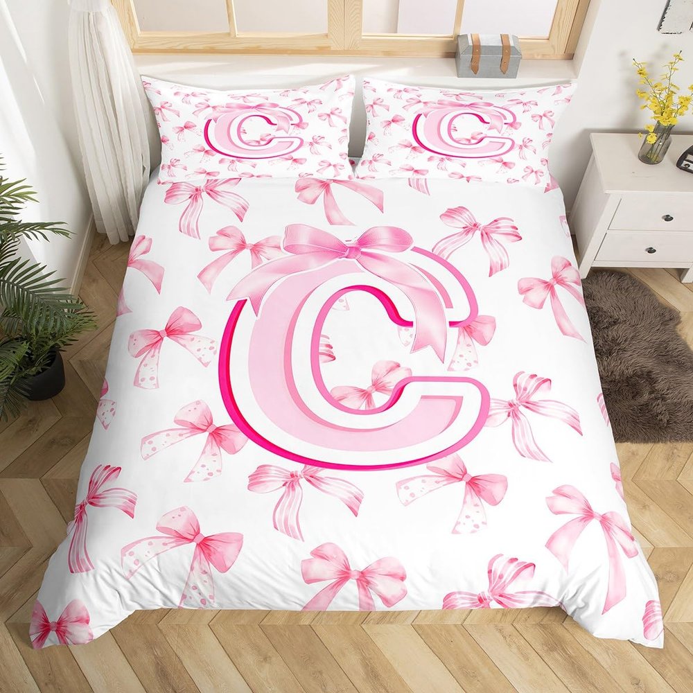 jejeloiu Kids Girls Cute Pink Bow Duvet Cover Toddler Size Coquette Bow Knot Bedding Set Personalized Initial C Comforter Cover Monogrammed Bedspread Cover Room Decor Modern Fashion,No Comforter