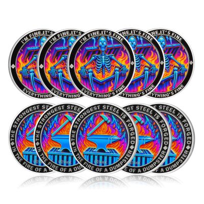 10Pcs Purple Flame Skeleton Dumpster Fire Coin, I'm FINE Dumpster Fire Challenge Coin - Funny Office Desk Accessories - Novelty Coins Pocket Token - Inspirational Office Gifts for Men Women