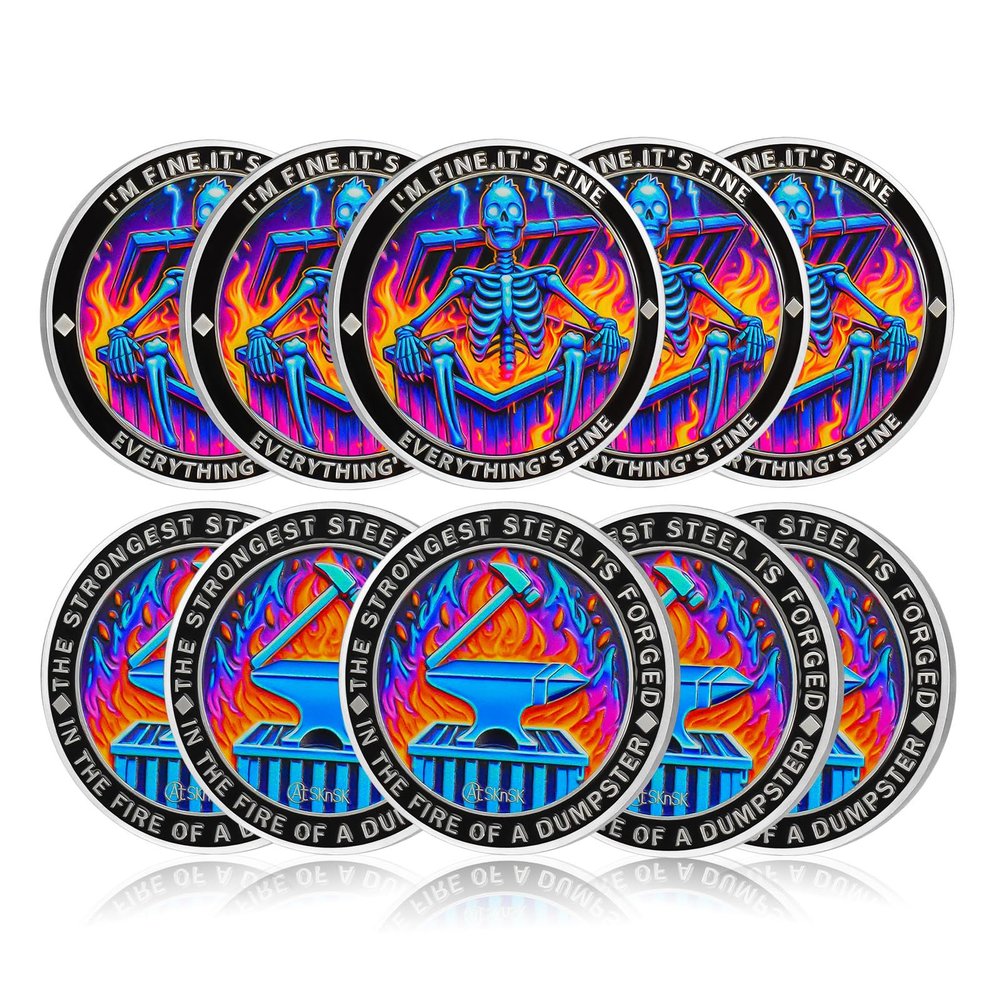 10Pcs Purple Flame Skeleton Dumpster Fire Coin, I'm FINE Dumpster Fire Challenge Coin - Funny Office Desk Accessories - Novelty Coins Pocket Token - Inspirational Office Gifts for Men Women