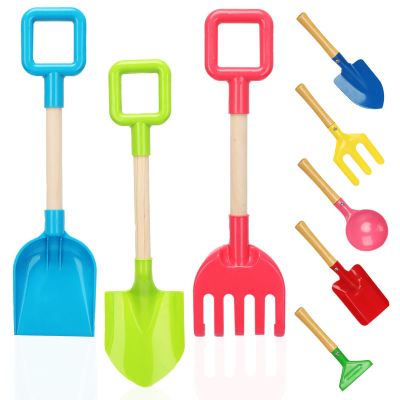 8 Pack Beach Sand Toy 16 Inch Long Beach Shovel Spade Sand Rake with Sturdy Wooden Handle Kid Garden Tools Spoon, Fork, Rake, Spade, Pointed Shovel Kids Gardening Set for Digging Dirt Snowing Planting