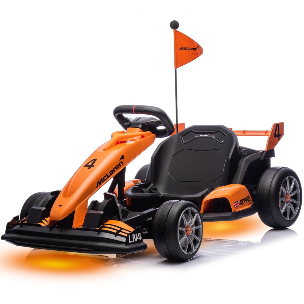 24V Licensed McLaren Electric Go Kart for Kids, Standard Performance Drift Crazy Cart, Adjustable Seat, LED Lights, 2 Speeds Ride On Racing Toy, Max 130 lbs, Ages 6+ (Classic Orange)