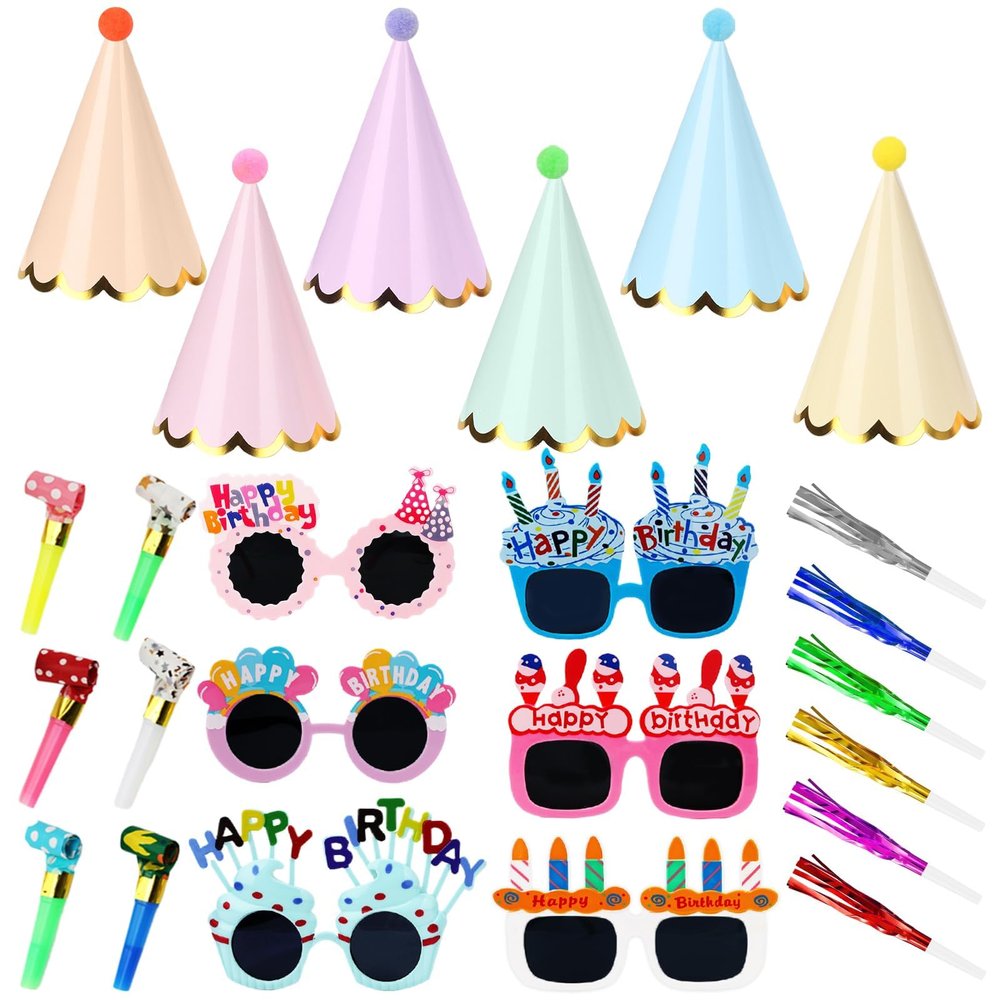 24 Pack Pastel Party Cone Hats, Funny Sunglasses Birthday Party Paper Hats with Blowouts, Pom Poms, Elastic Cord for Kids, Adults, Baby Shower, New Year, Christmas, Anniversary, Photo Props Supplies