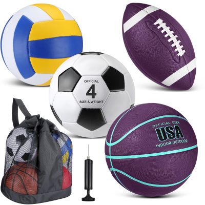 HyDren 4 Pcs Assorted Sports Balls Set for Kids Back to School Recess PE Equipment Official Size Basketball, Soccer, Football, Volleyball with Carry Bag and Pump for Outdoor Playground Gift(Purple)