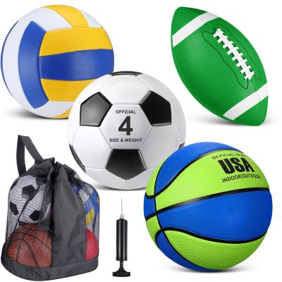 HyDren 4 Pcs Assorted Sports Balls Set for Kids Back to School Recess PE Equipment Official Size Basketball, Soccer, Football, Volleyball with Carry Bag and Pump for Outdoor Playground Gift(Green)