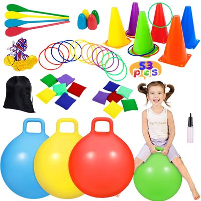 CWLAKON Outdoor Carnival Games 53Pcs, Hopper Balls for Kids, Soft Plastic Cones Bean Bags Ring Toss Game, Egg Spoon Relay Race, Outside Lawn Yard Backyard Field Day Birthday Party Family Reunion Game