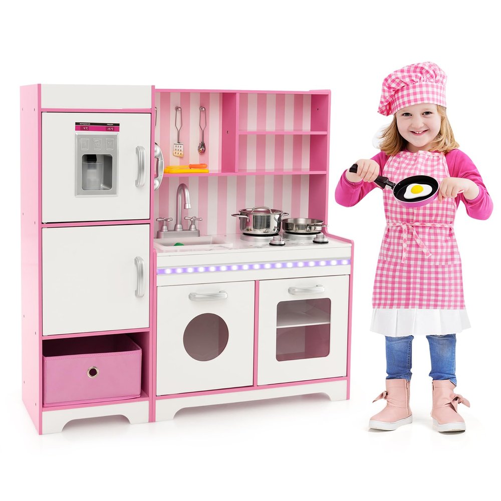 GLACER Kids Kitchen Playset, Toddler Pretend Play Kitchen Playset with Lights and Sounds, Cooking Utensils, Ice Maker, Oven, Washing Machine, Children Wooden Toy Kitchen Set for Boys & Girls 3+