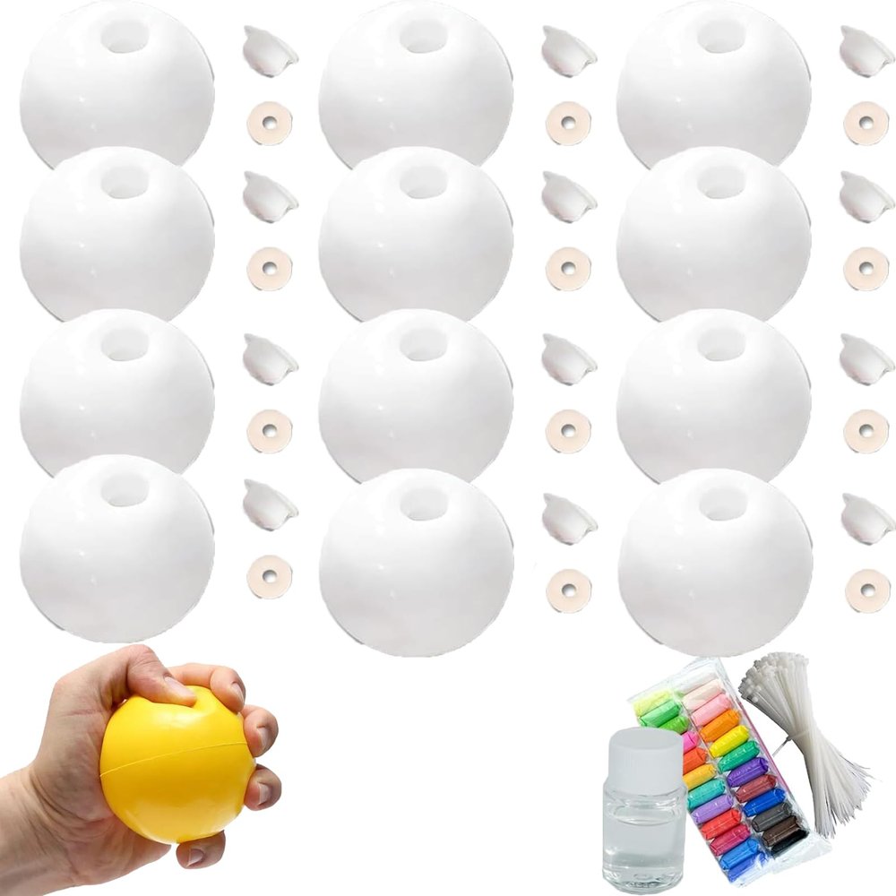 12pcs Milky Blank Skins Empty Stress Ball DIY Kit, Blank Pressure Ball Skin DIY Kit, Vacuum Squishy DIY Stress Ball Making Kit with Stress Ball Skin, Lid, Glue (White,6cm)
