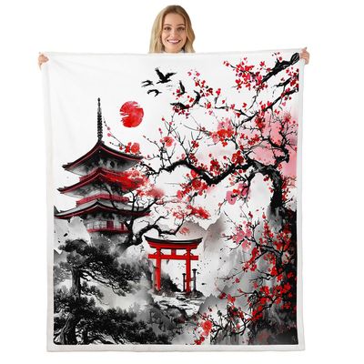 jejeloiu Cherry Blossoms Fleece Throw Blanket Baby 30"x40" Kids Japanese Style Building Tree Sherpa Blanket Plush Fuzzy for Boys Girls Sunset Fuji Mountain Decor Spring Sakura Flower for Bed Chair