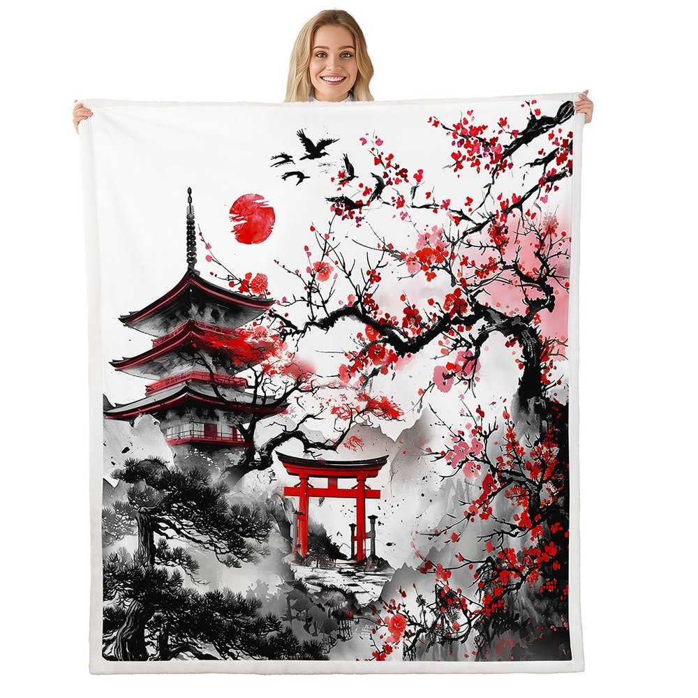 jejeloiu Cherry Blossoms Fleece Throw Blanket Baby 30"x40" Kids Japanese Style Building Tree Sherpa Blanket Plush Fuzzy for Boys Girls Sunset Fuji Mountain Decor Spring Sakura Flower for Bed Chair