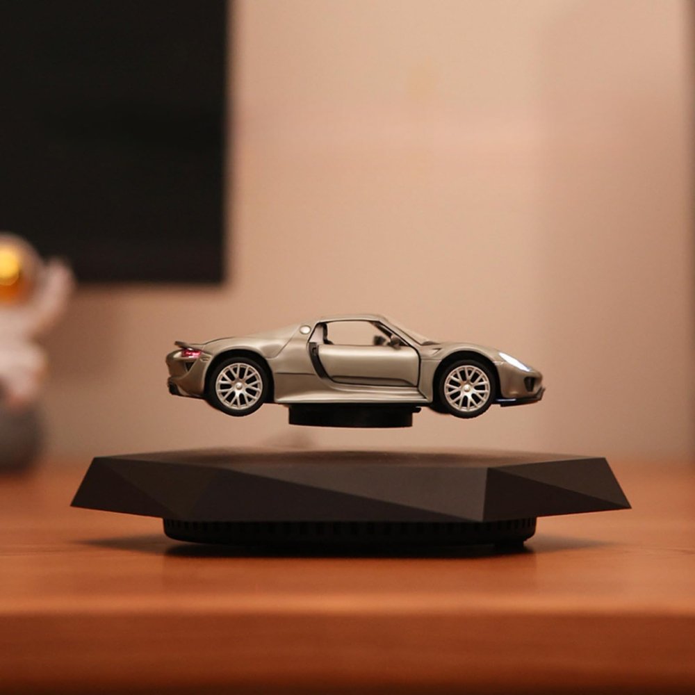 bjlysk Magnetic Levitation Car Model Decor - Floating Tech Desk Toy with 360 Auto Rotation, ABS & Zinc Alloy Base, Gray/Red Options, Creative Gift for Office & Home (Gray)