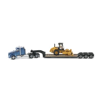 Diecast Masters Caterpillar Diecast Model Replicas 1:87 Scale Blue Kenworth T880 Tractor with Lowboy Trailer and Cat Padfoot Roller | Model 84424