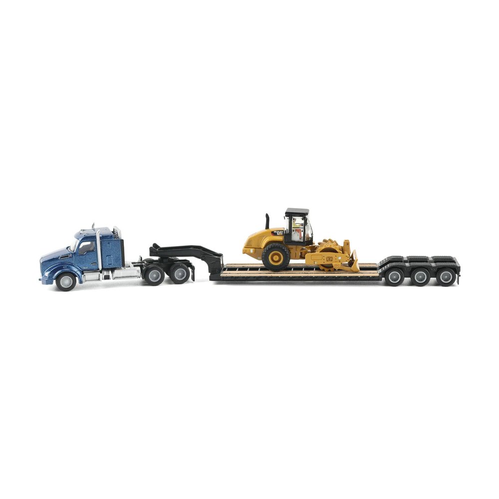 Diecast Masters Caterpillar Diecast Model Replicas 1:87 Scale Blue Kenworth T880 Tractor with Lowboy Trailer and Cat Padfoot Roller | Model 84424
