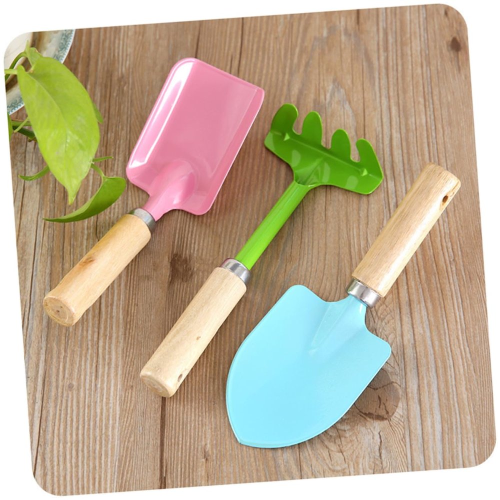 LIOOBO 3pcs Kids Tools Trowel Rake Shovel Sturdy Metal with Wooden Handles Safe Toys for Boys Girls