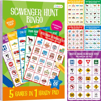Road Trip Game Pad, 5 Games in 1 (Farm Animals, Car Colors, Buildings, Traffic Signs, Vehicles Scavenger Hunt Bingo), Pen Pencil Paper Game, Plane Trip/ Car Travel/Getaway Activity Pad for Kid, Adult
