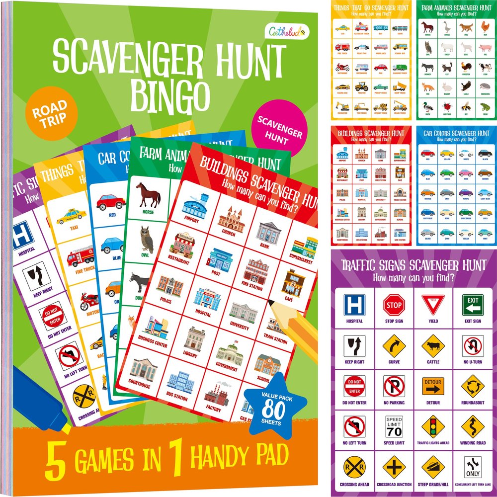 Road Trip Game Pad, 5 Games in 1 (Farm Animals, Car Colors, Buildings, Traffic Signs, Vehicles Scavenger Hunt Bingo), Pen Pencil Paper Game, Plane Trip/ Car Travel/Getaway Activity Pad for Kid, Adult