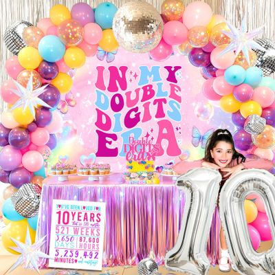 10th Birthday Decorations for Girl,10 Years Old Birthday Decorations, In My Double Digits Era Party Decor, I'm 10 Backdrop Tablecloth Cake Topper Balloons for Double Digits Girl Bday Party