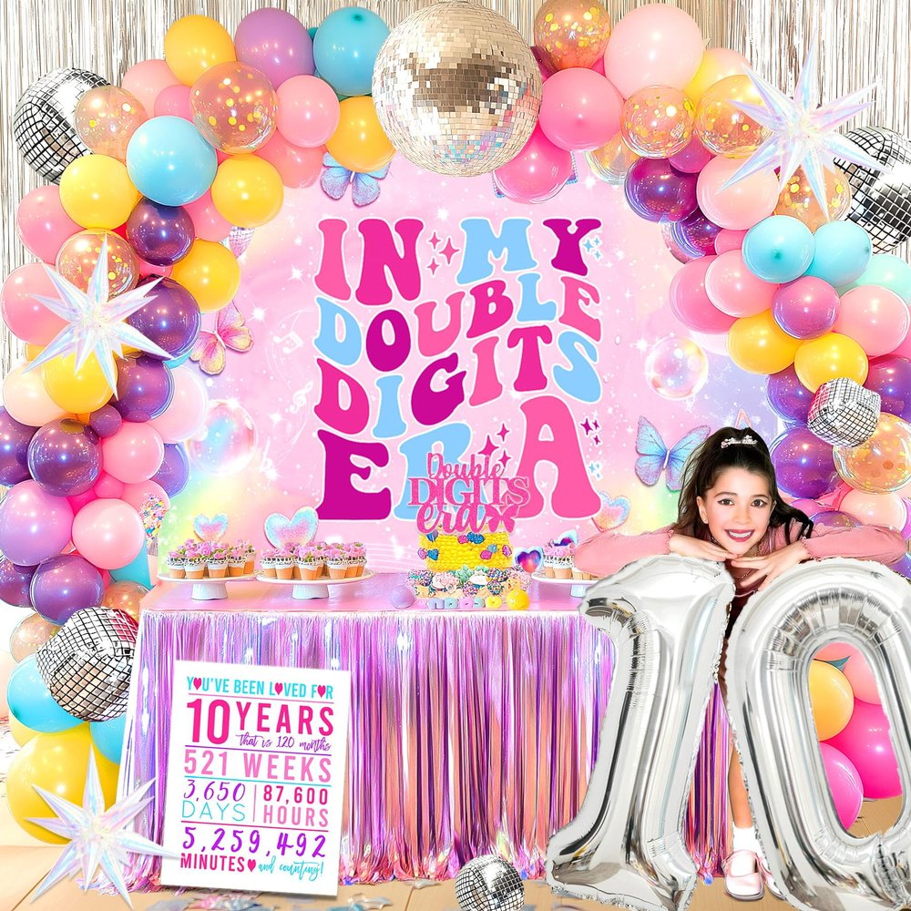 10th Birthday Decorations for Girl,10 Years Old Birthday Decorations, In My Double Digits Era Party Decor, I'm 10 Backdrop Tablecloth Cake Topper Balloons for Double Digits Girl Bday Party