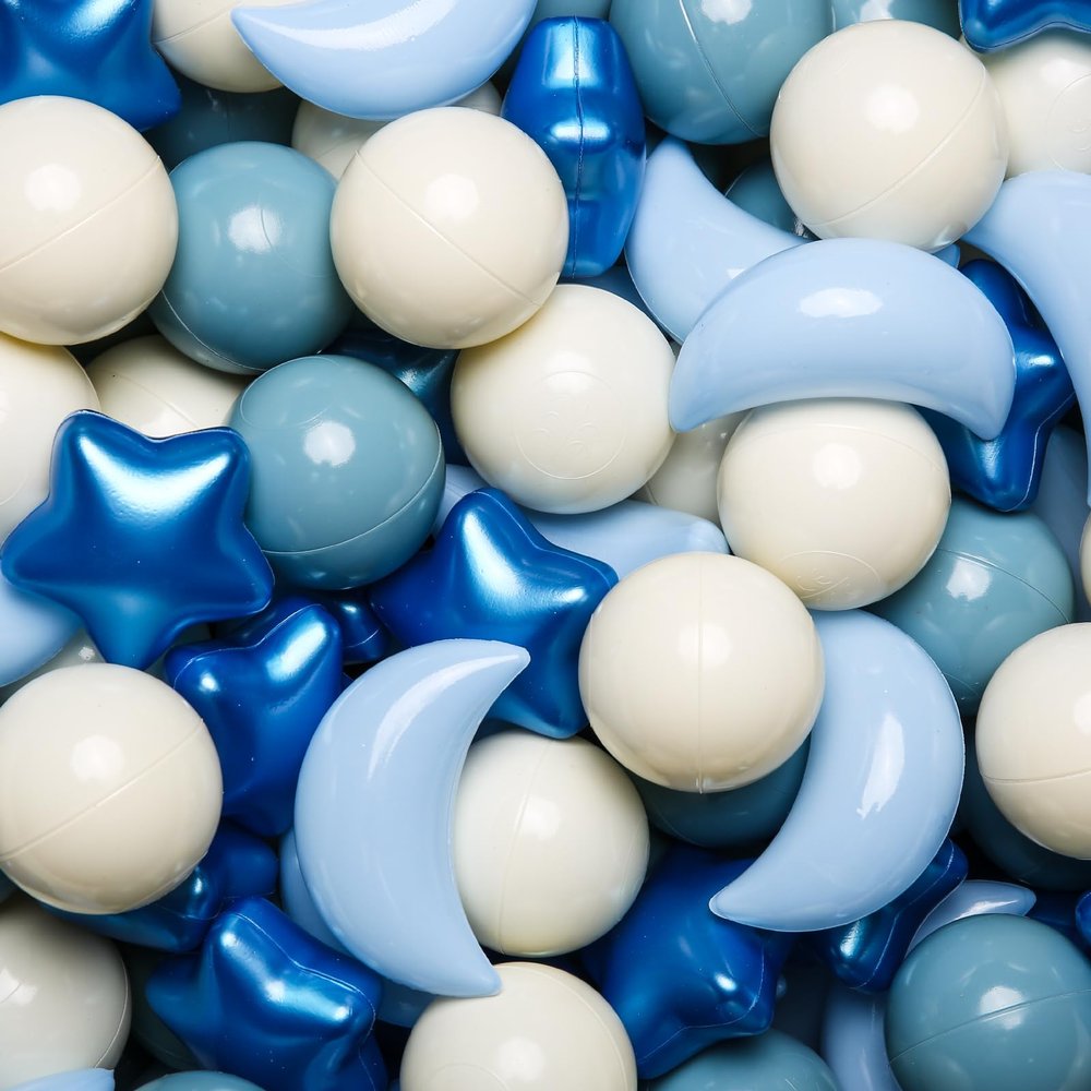 GOGOSO Ball Pit Balls Stars Moon Shapes Plastic Pitballs for Toddler Play Tent Baby Photo Props Kids Pool Water Toys Kiddie Pool Party Decor, Pearl Blue+Cream Blue+White,500PCS