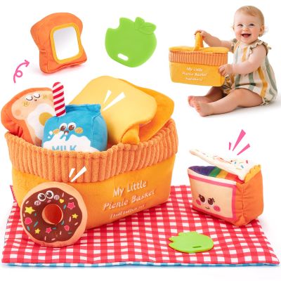 Hahaland Baby Toys 6-12 Months  Picnic Basket Sensory Toy with Crinkle, Rattles, Teether & Mirror, Montessori Play Food Plush for Early Development, Christmas Gifts for 1+ Years Boys & Girls