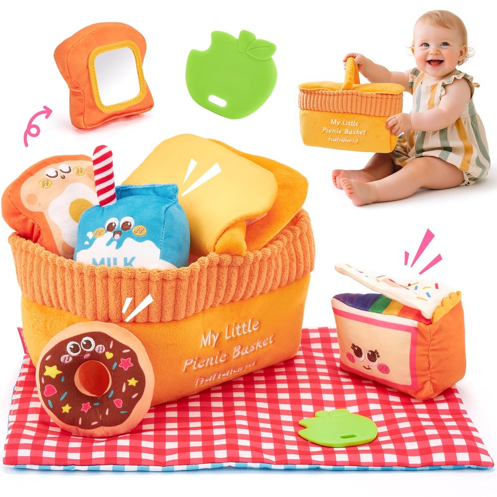 Hahaland Baby Toys 6-12 Months  Picnic Basket Sensory Toy with Crinkle, Rattles, Teether & Mirror, Montessori Play Food Plush for Early Development, Christmas Gifts for 1+ Years Boys & Girls
