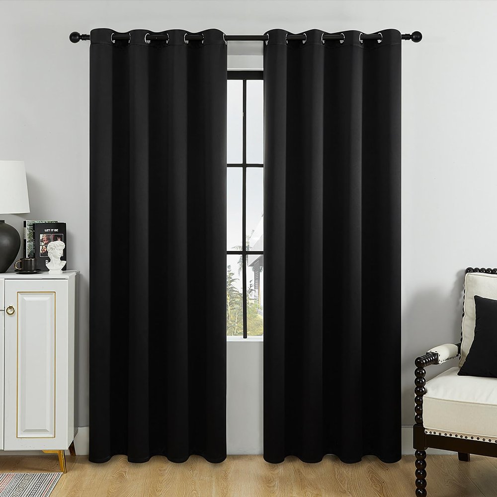 100% Blackout Curtains,Solid Thermal Insulated Grommet Blackout Curtains Drapes for Bedroom Window,Thermal Insulated Room Darkening for Living Room (Black, 79in*55in)