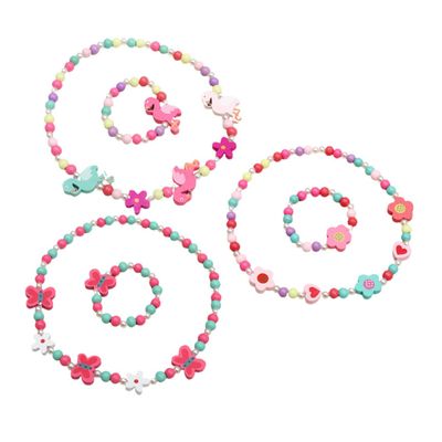 DEARMAMY 3sets Boys and Girls Wooden Bead Jewelry Set Necklace Bracelet for Girls Lovely Floral Flamingo and Bright Accessories for Parties and Everyday Wear