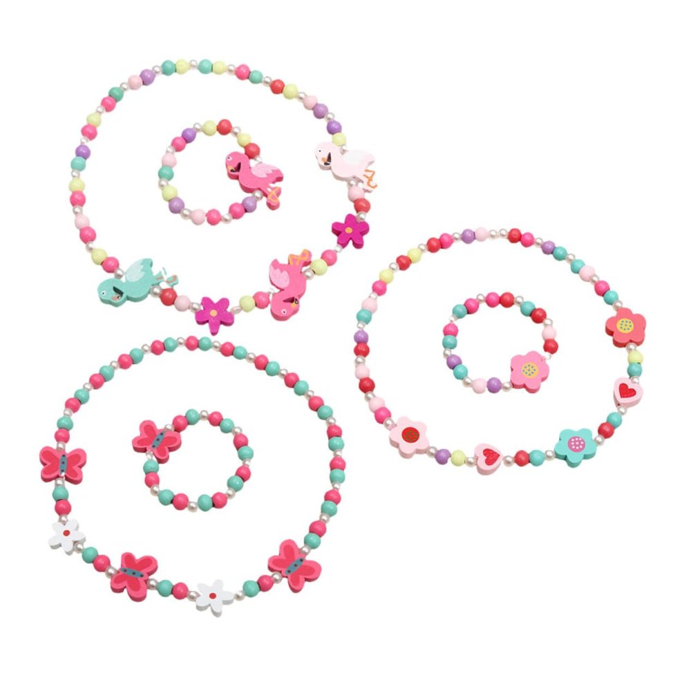 DEARMAMY 3sets Boys and Girls Wooden Bead Jewelry Set Necklace Bracelet for Girls Lovely Floral Flamingo and Bright Accessories for Parties and Everyday Wear