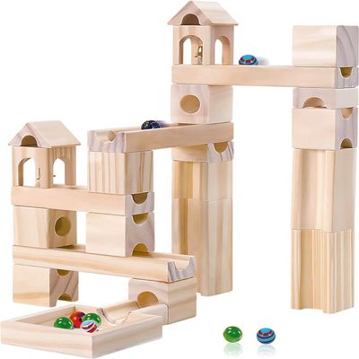 Wooden Marble Run for Kids Ages 4-8, 60 Pieces Wood Building Blocks Toys and Construction Play Set, Marble Track Maze Game STEM Learning Toys Gifts for Boys Girls