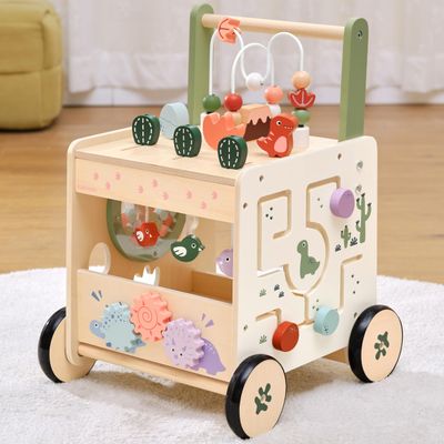 KizKnows Wooden Baby Push Walker, 6-in-1 Montessori Activity Center for Toddlers, Adjustable Speed Dinosaur Walker with Brake & Shape Sorter, Natural Solid Wood Learning Toy for Boys Girls 12M+